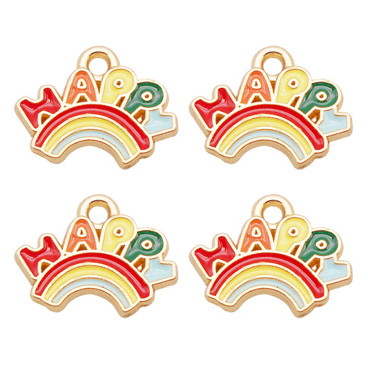 10Pcs Color-Lasting Alloy Rainbow Charm HAPPY Letter Pendant for Jewelry Necklace Bracelet Earrings Making DIY Phone Chain Key Chain Decor 12x15mm