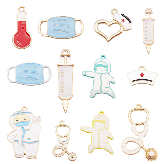 12pcs Quality Plated Doctor Career Series Charm Alloy Stethoscope Thermometer Design Enamel Pendant DIY Jewelry Making Accessory Key Chain Crafts Decor
