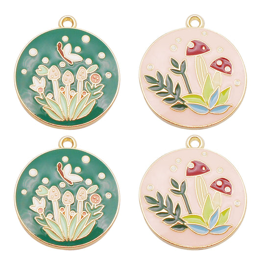 4Pcs Alloy Round Landscape Painting Charm 25x18mm Flower Pattern Pendant Enamel Jewelry Dangle for Necklace Earrings Making DIY Crafts Decor