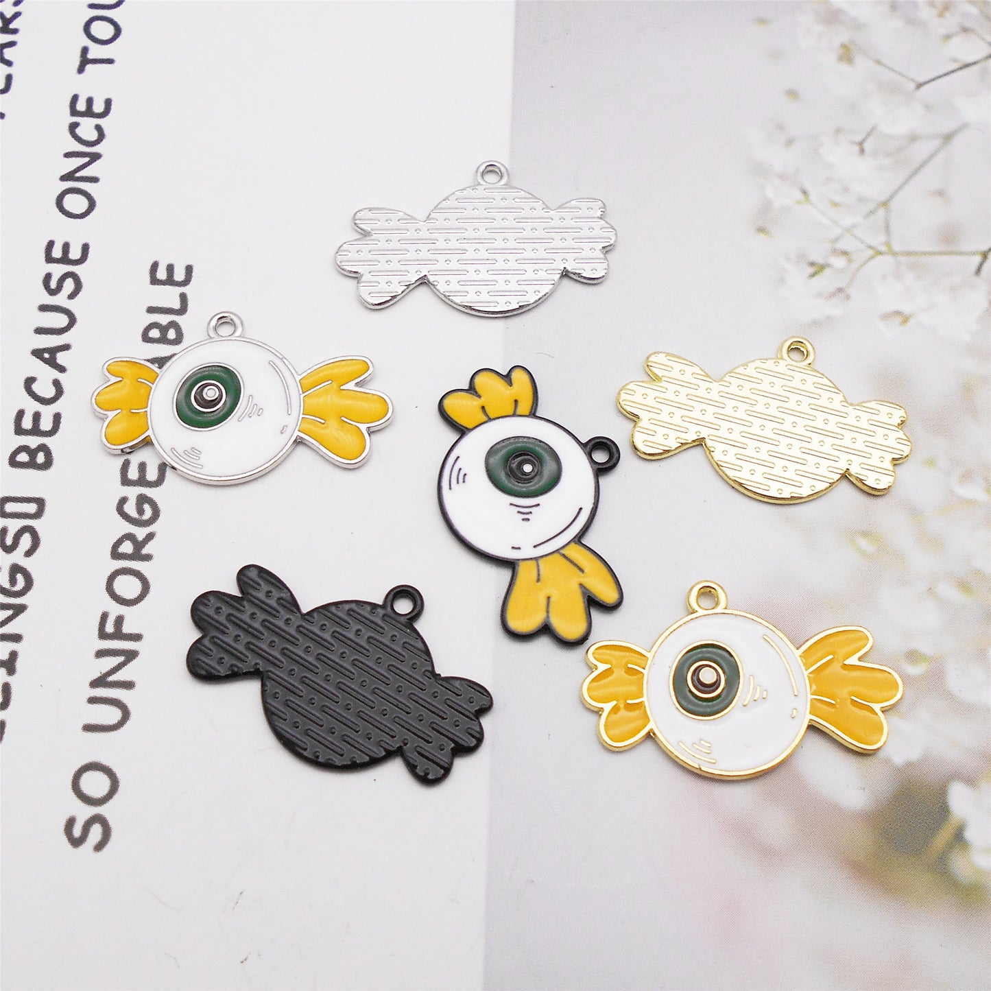 6Pcs 26x16mm Enamel Halloween Candy Charm Evil Eye Design Alloy Pendant DIY Making Accessory Necklace Bracelet Earrings Crafts Supplies