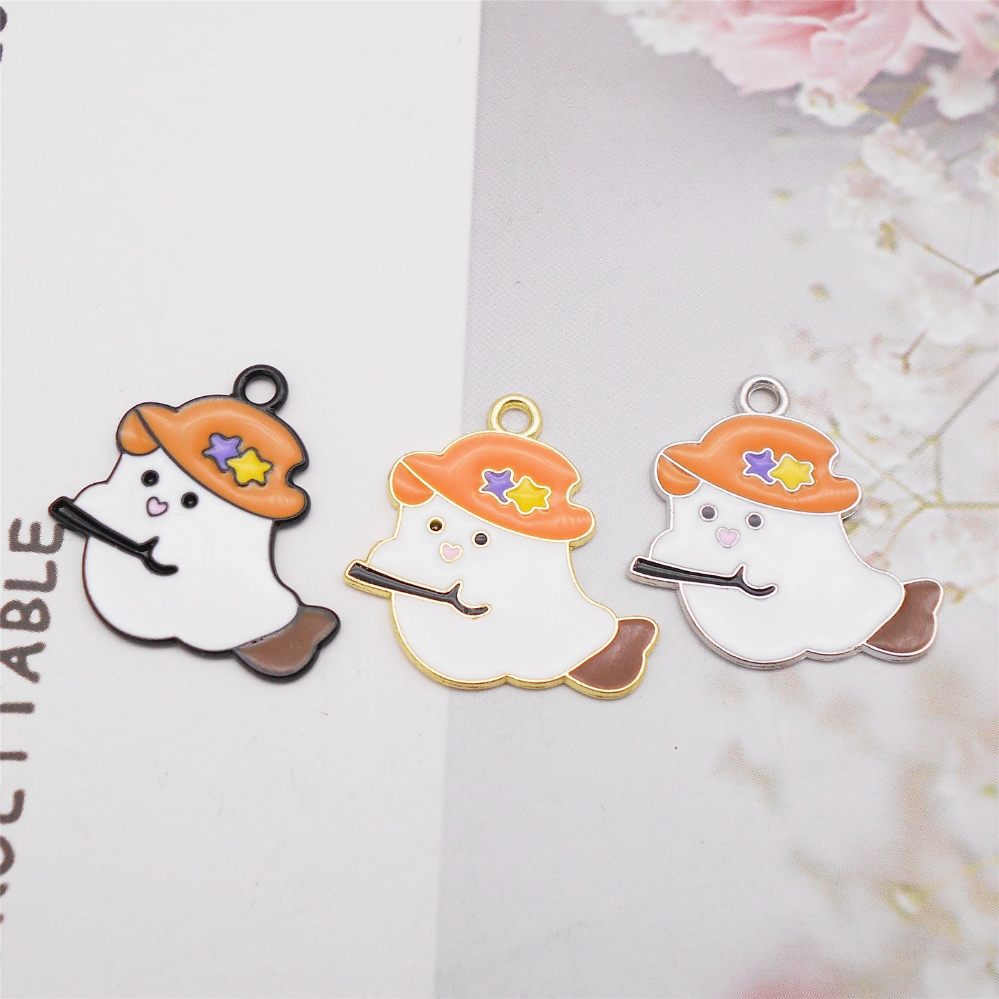 6pcs 23x23mm Enamel Cute Devil Halloween Charm Cartoon Ghost Imp Wearing Hat & Riding Fly Broom Design DIY Making Supplies Jewelry Necklace Bracelet Earrings Pendant Accessory
