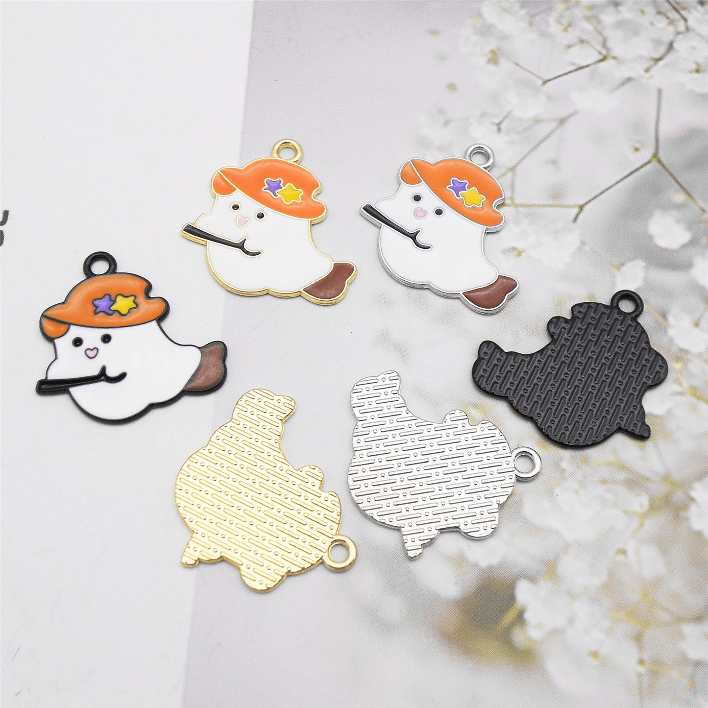6pcs 23x23mm Enamel Cute Devil Halloween Charm Cartoon Ghost Imp Wearing Hat & Riding Fly Broom Design DIY Making Supplies Jewelry Necklace Bracelet Earrings Pendant Accessory