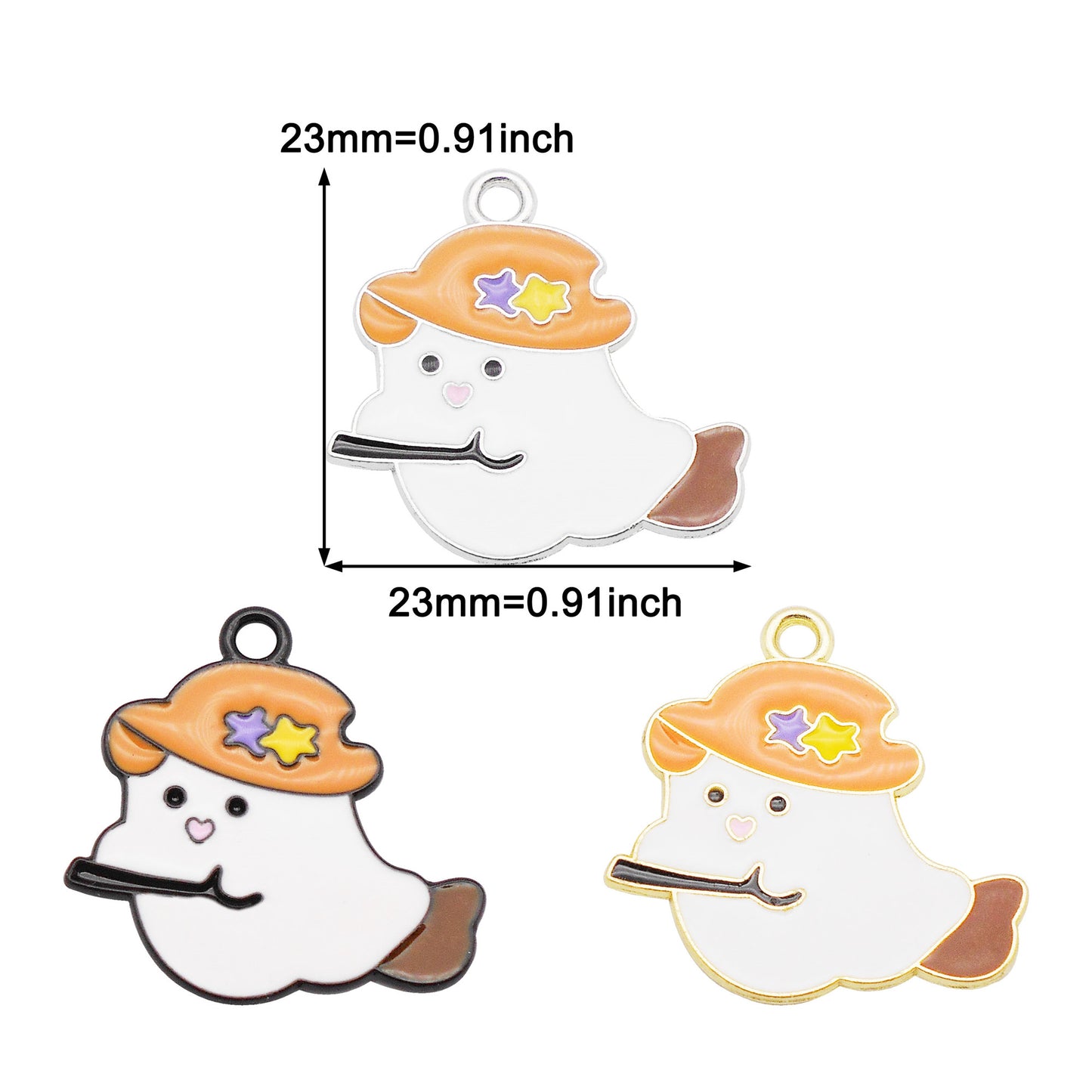 6pcs 23x23mm Enamel Cute Devil Halloween Charm Cartoon Ghost Imp Wearing Hat & Riding Fly Broom Design DIY Making Supplies Jewelry Necklace Bracelet Earrings Pendant Accessory