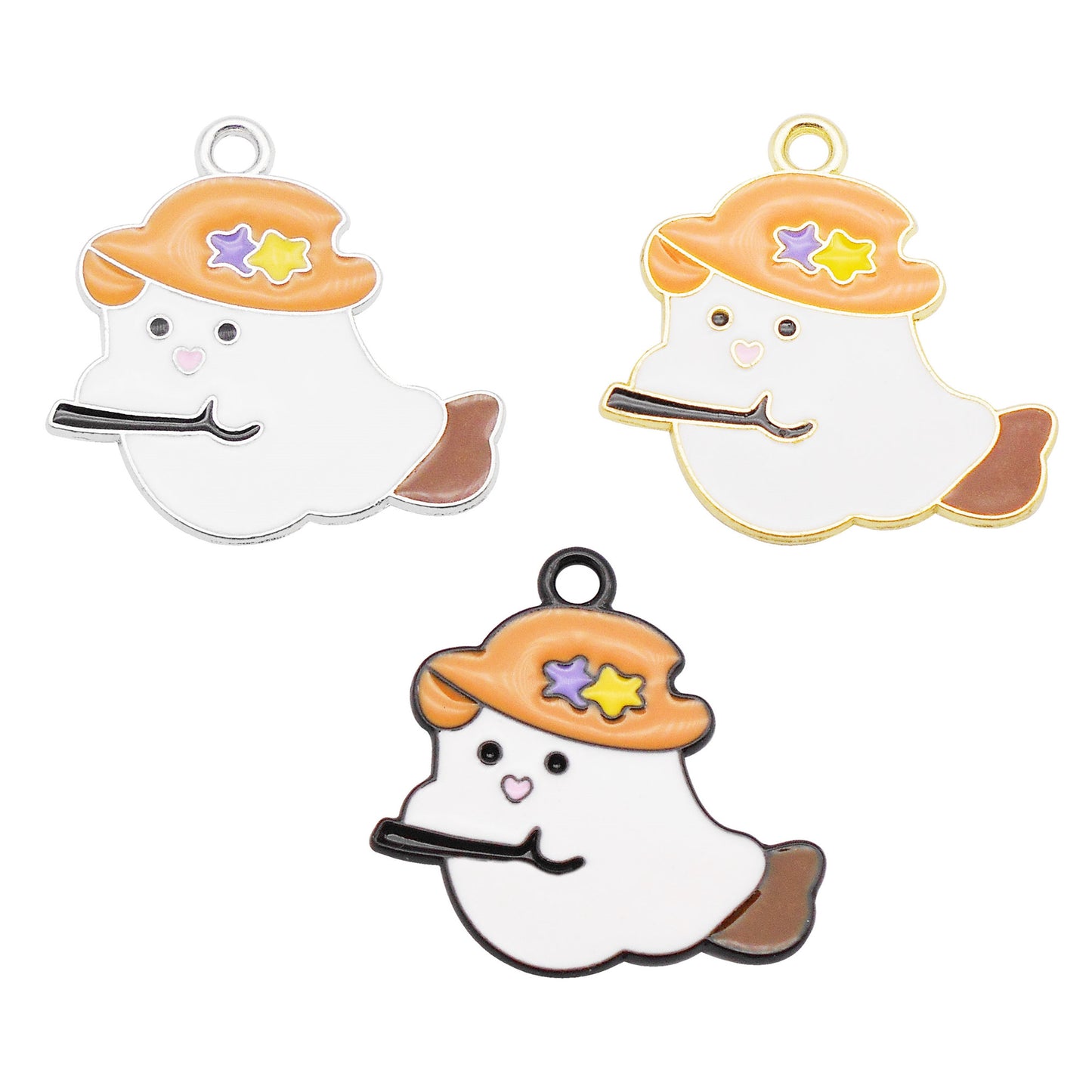 6pcs 23x23mm Enamel Cute Devil Halloween Charm Cartoon Ghost Imp Wearing Hat & Riding Fly Broom Design DIY Making Supplies Jewelry Necklace Bracelet Earrings Pendant Accessory