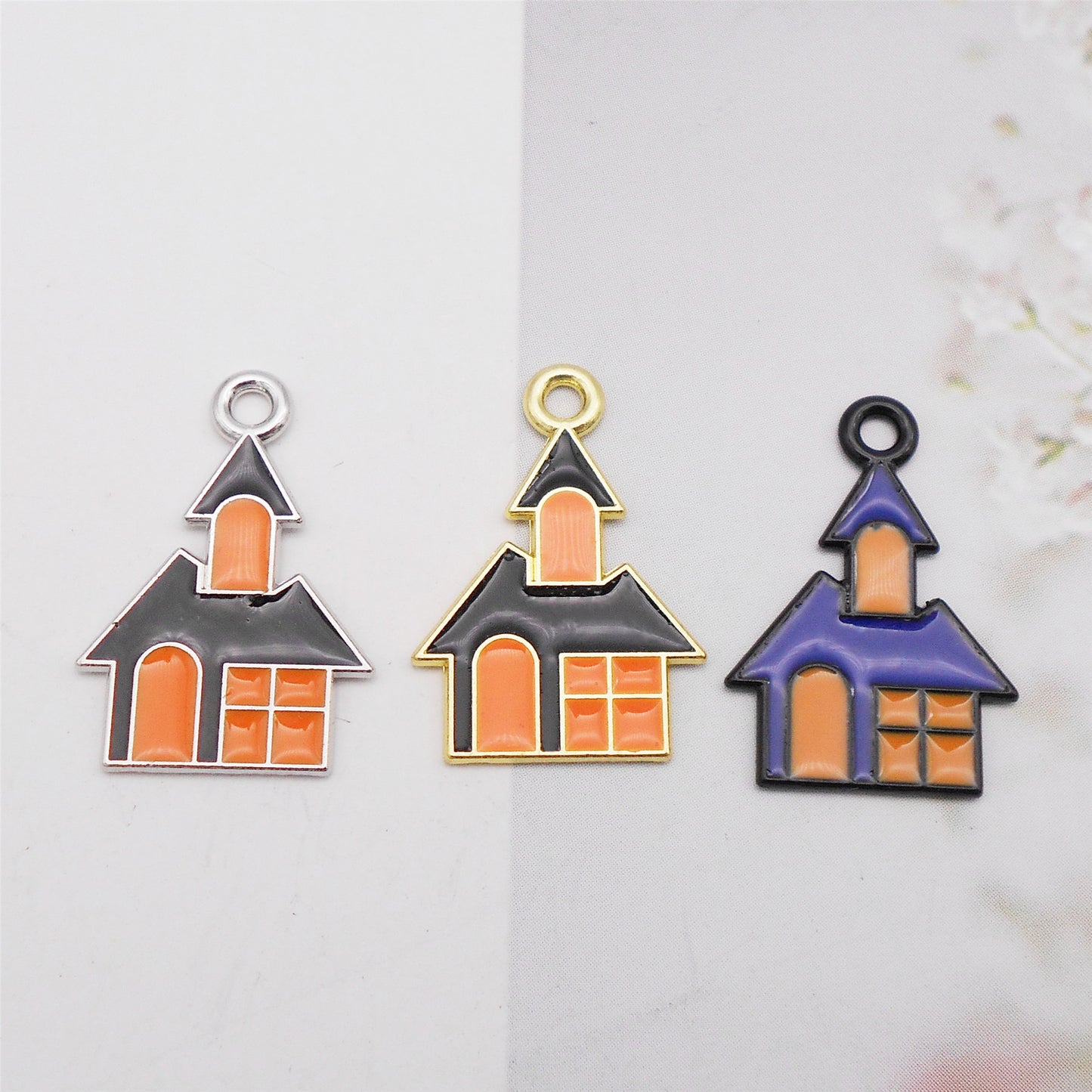 6pcs 15x22mm Enamel Halloween Charms Witch Castle Design Pendant Jewelry Making Accessory DIY Crafts Phone Chain Key Chain Decor