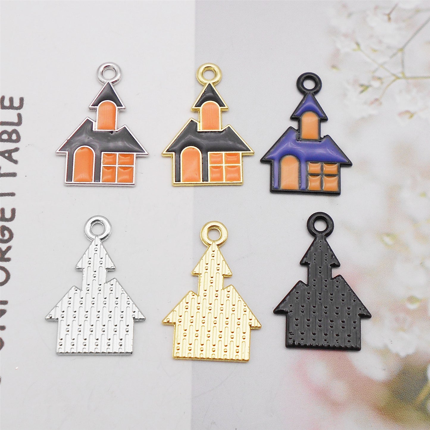 6pcs 15x22mm Enamel Halloween Charms Witch Castle Design Pendant Jewelry Making Accessory DIY Crafts Phone Chain Key Chain Decor