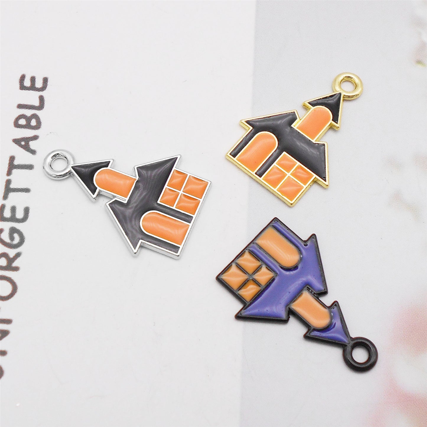 6pcs 15x22mm Enamel Halloween Charms Witch Castle Design Pendant Jewelry Making Accessory DIY Crafts Phone Chain Key Chain Decor