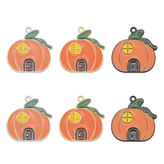 6Pcs 21x20mm Halloween Enamel Charm Pumpkin House Design Alloy Pendant DIY Making Accessory Jewelry Crafts Decor