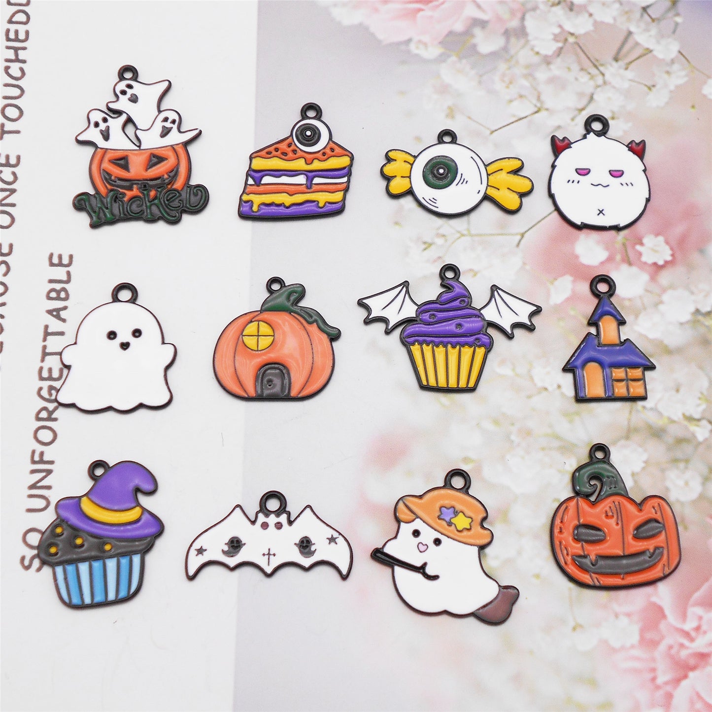 12Pcs Halloween Enamel Charm Bat Ghost Candy Design Pendant for Jewelry Necklace Bracelet Earrings Making Accessories DIY Crafts Decor