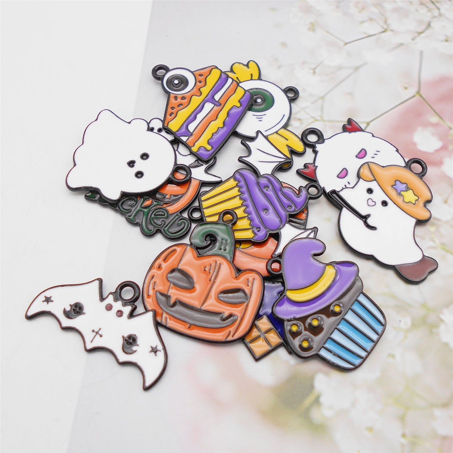 12Pcs Halloween Enamel Charm Bat Ghost Candy Design Pendant for Jewelry Necklace Bracelet Earrings Making Accessories DIY Crafts Decor