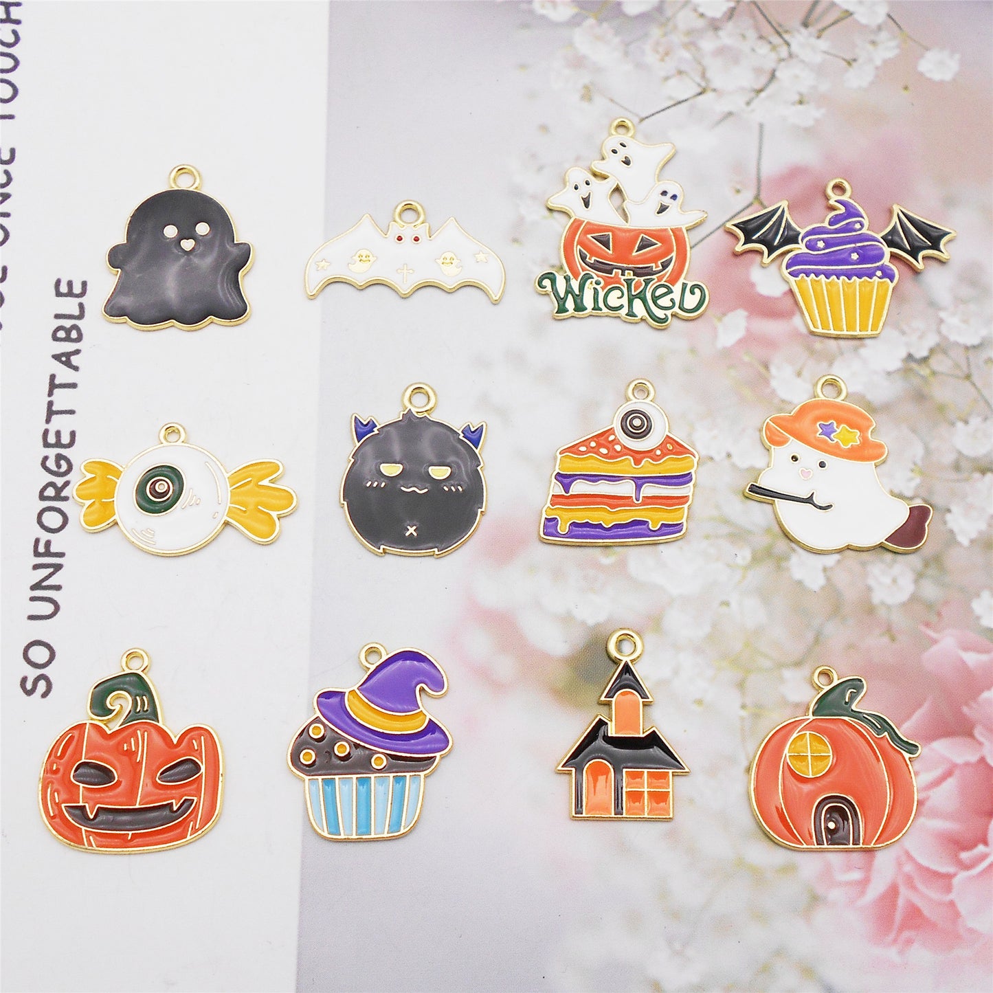 12Pcs Halloween Enamel Charm Bat Ghost Candy Design Pendant for Jewelry Necklace Bracelet Earrings Making Accessories DIY Crafts Decor