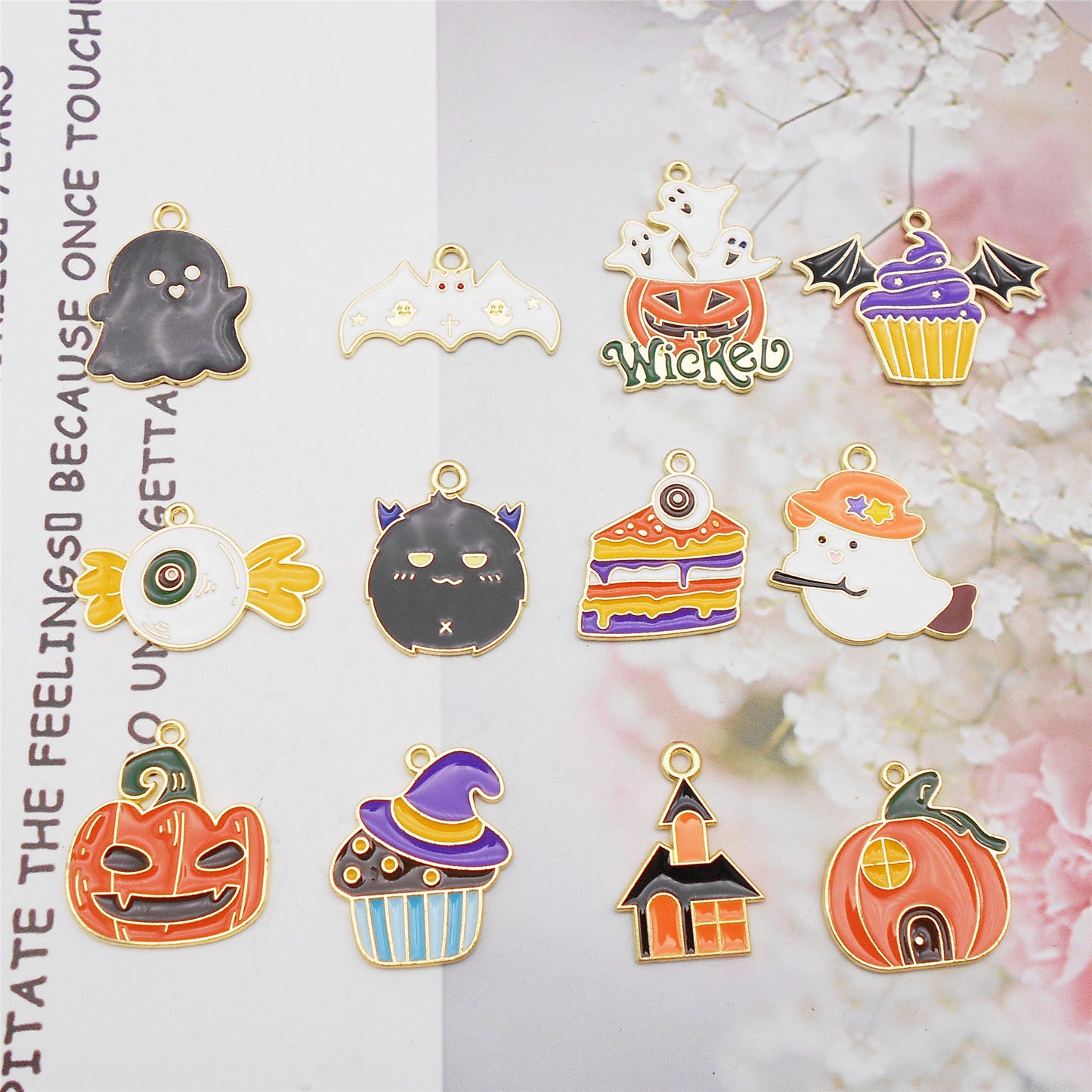 12Pcs Halloween Enamel Charm Bat Ghost Candy Design Pendant for Jewelry Necklace Bracelet Earrings Making Accessories DIY Crafts Decor