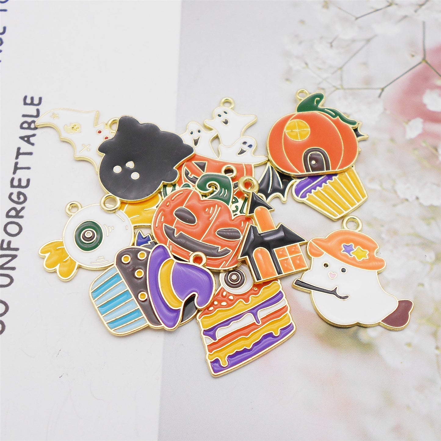 12Pcs Halloween Enamel Charm Bat Ghost Candy Design Pendant for Jewelry Necklace Bracelet Earrings Making Accessories DIY Crafts Decor