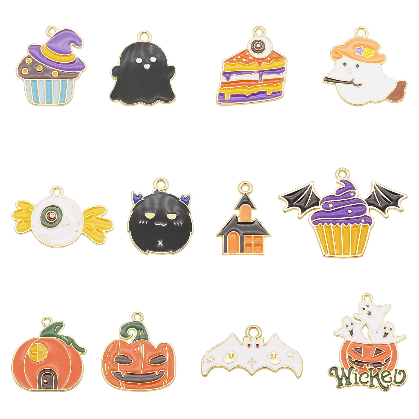 12Pcs Halloween Enamel Charm Bat Ghost Candy Design Pendant for Jewelry Necklace Bracelet Earrings Making Accessories DIY Crafts Decor