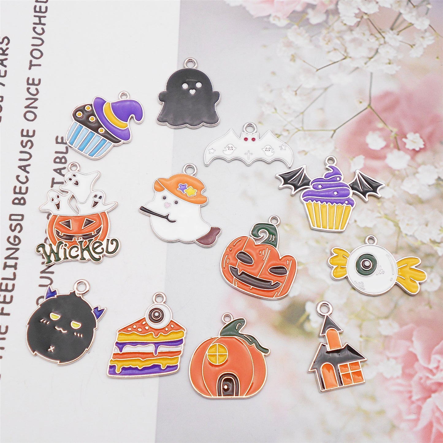 12Pcs Halloween Enamel Charm Bat Ghost Candy Design Pendant for Jewelry Necklace Bracelet Earrings Making Accessories DIY Crafts Decor