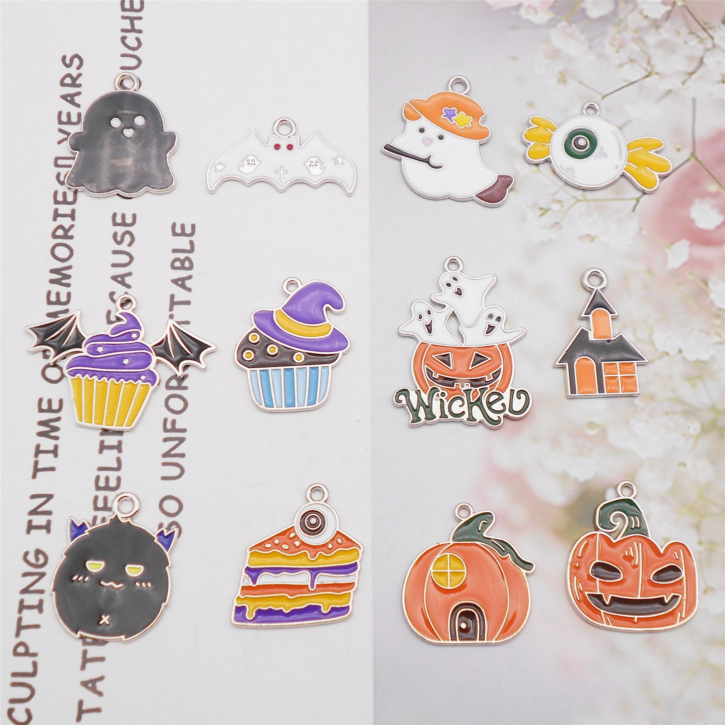 12Pcs Halloween Enamel Charm Bat Ghost Candy Design Pendant for Jewelry Necklace Bracelet Earrings Making Accessories DIY Crafts Decor