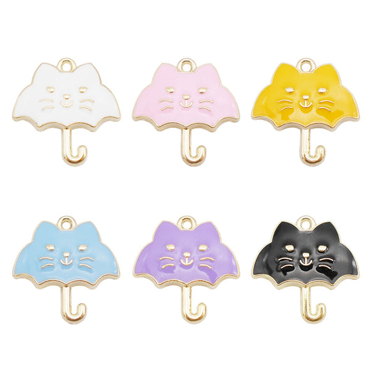 6Pcs Alloy Umbrella-Shaped Cat Charm 23x24mm Kawaii Enamel Jewelry Pendant DIY Making Accessories Crafts Key Chain Decor