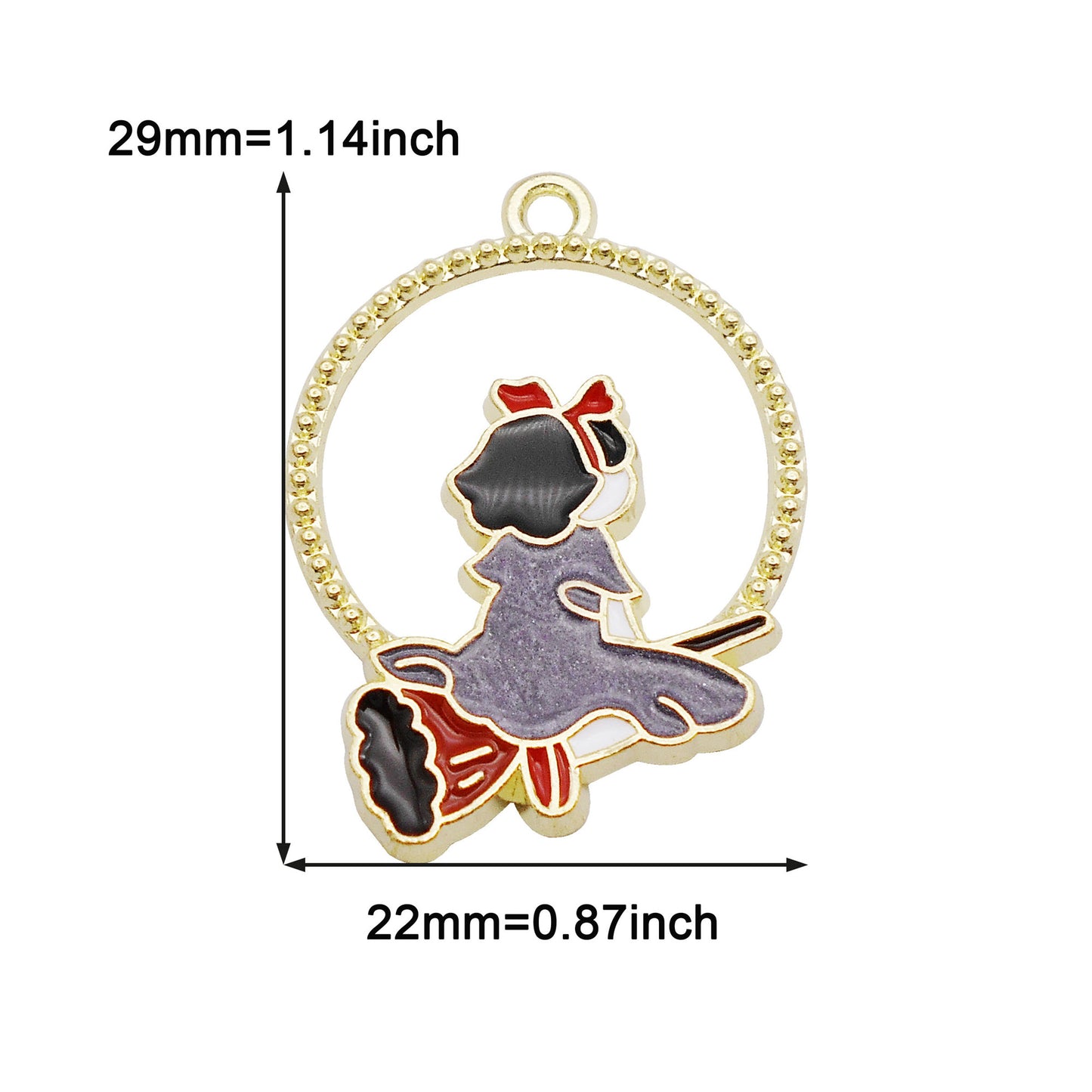 4Pcs Alloy Round Frame Cat Fox Charm Enamel Maple Pendant Girl Riding Flying Broom Design DIY Jewelry Making Accessory Crafts Phone Chain Key Chain Decor