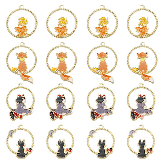 4Pcs Alloy Round Frame Cat Fox Charm Enamel Maple Pendant Girl Riding Flying Broom Design DIY Jewelry Making Accessory Crafts Phone Chain Key Chain Decor
