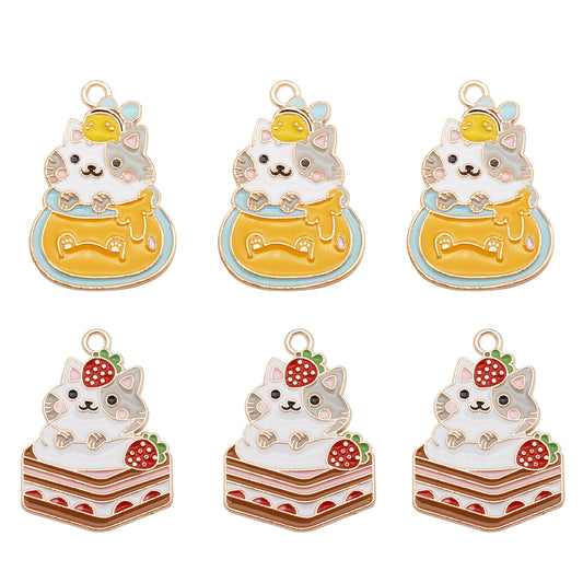 4Pcs Cat in Honey Jar Charms Kawaii Cake Cat Pendant Alloy Enamel Jewelry Necklace Bracelet Accessory DIY Crafts Decor Supplies