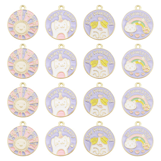 4Pcs 23x20mm Round Alloy Charm Enamel Cat Dog Rainbow Sun Design Pendant DIY Jewelry Making Accessory Crafts Phone Chain Decor