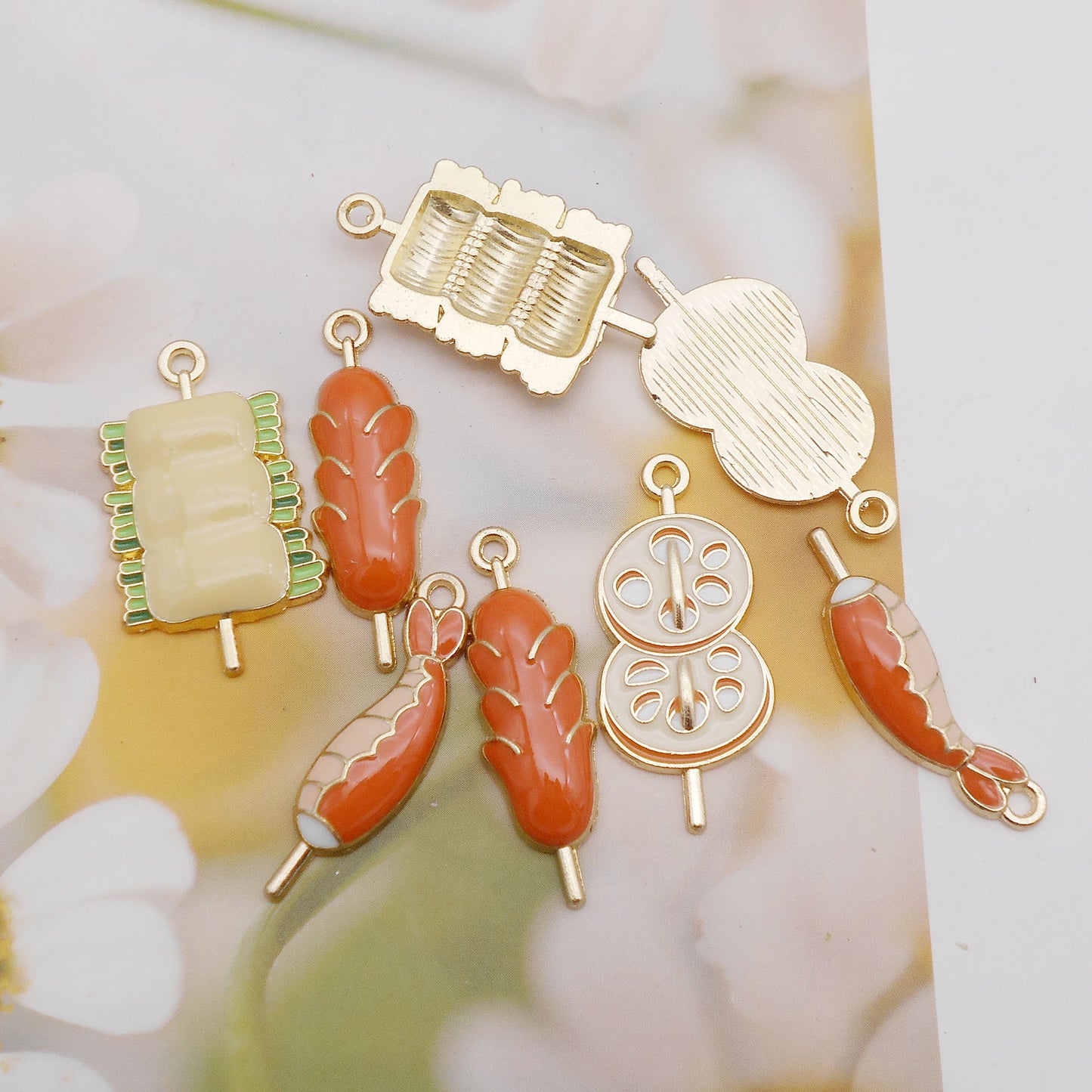 4Pcs Enamel Alloy Charm BBQ Sausage Lotus Root Slice Grilled Fish Design DIY Crafts Decor Jewelry Necklace Bracelet Earrings Pendant Accessory