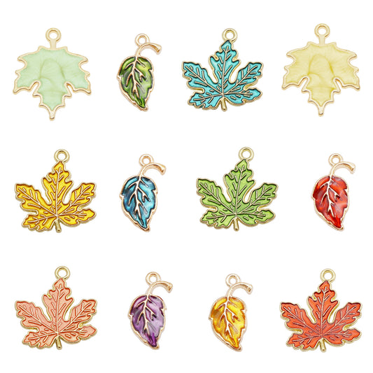 12Pcs Mixed Alloy Plant Leaf Charm Enamel Maple Leaf Pendant for DIY Necklace Bracelet Earrings Jewelry Making Crafts Phone Chain Decor