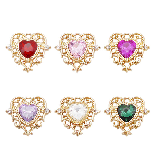 6Pcs 26x23mm Crystal Glass Heart Charm Alloy Floral Bezel Rhinestone Setting Pendant KC Gold Color DIY Jewelry Making Accessory Crafts Phone Chain Decor Supplies