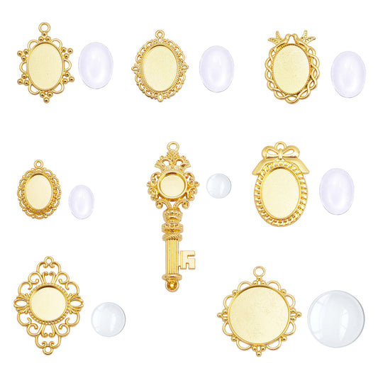 2pcs Alloy Bezel Setting Photos Cabochons Pendant Tray Round & Oval Frame Key Design Charm for Jewelry Necklace Bracelet Making DIY Crafts Decor