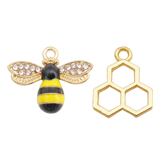 4Pcs Enamel Honeybee Charm with Crystal Rhinestones Minimalist Honeycomb Pendant Alloy DIY Making Accessory Jewelry Necklace Bracelet Earrings Decor