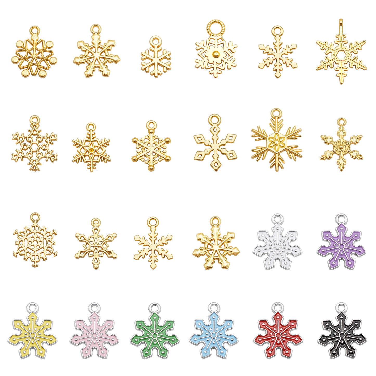 50g of Snowflake Charm Set for Jewelry Making - Gold & Retro Silver Christmas Pendants for Necklace Bracelet Earrings DIY, Enamel Decor Crafts