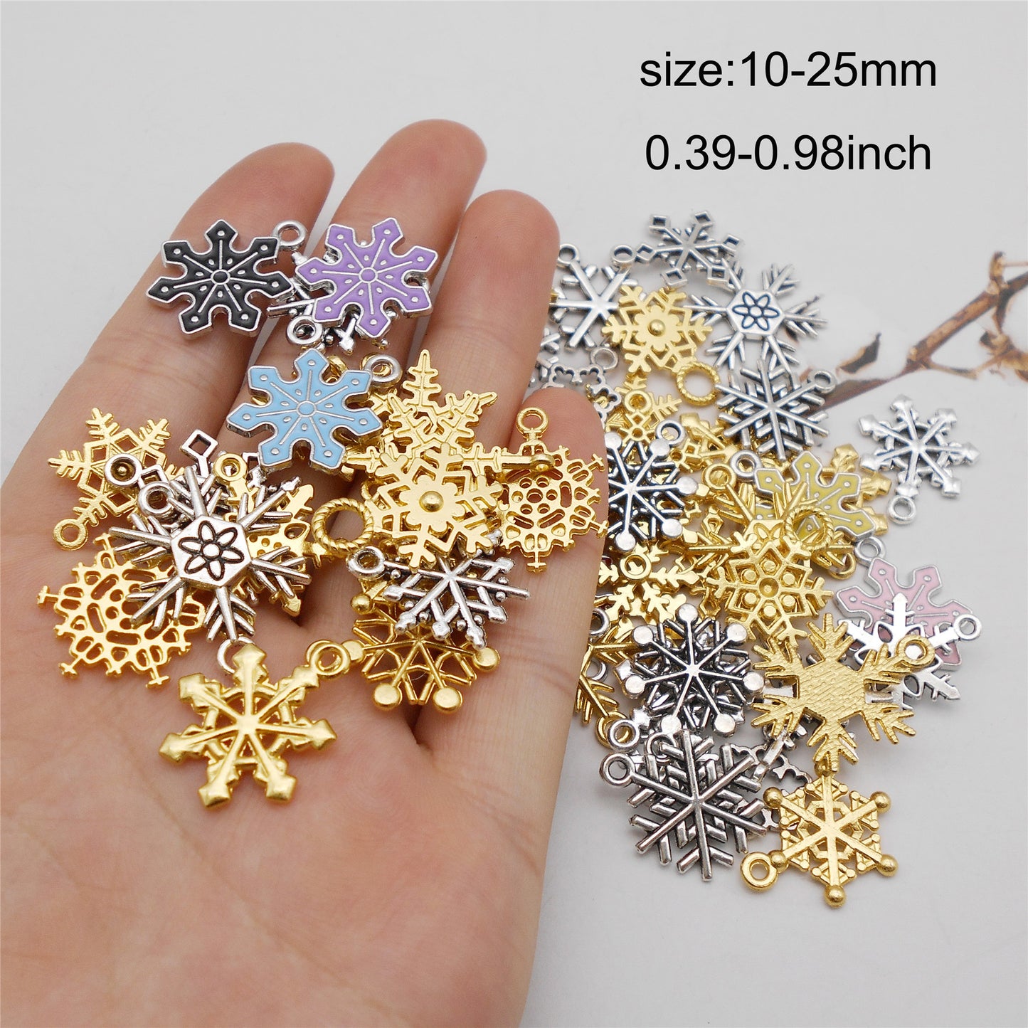50g of Snowflake Charm Set for Jewelry Making - Gold & Retro Silver Christmas Pendants for Necklace Bracelet Earrings DIY, Enamel Decor Crafts