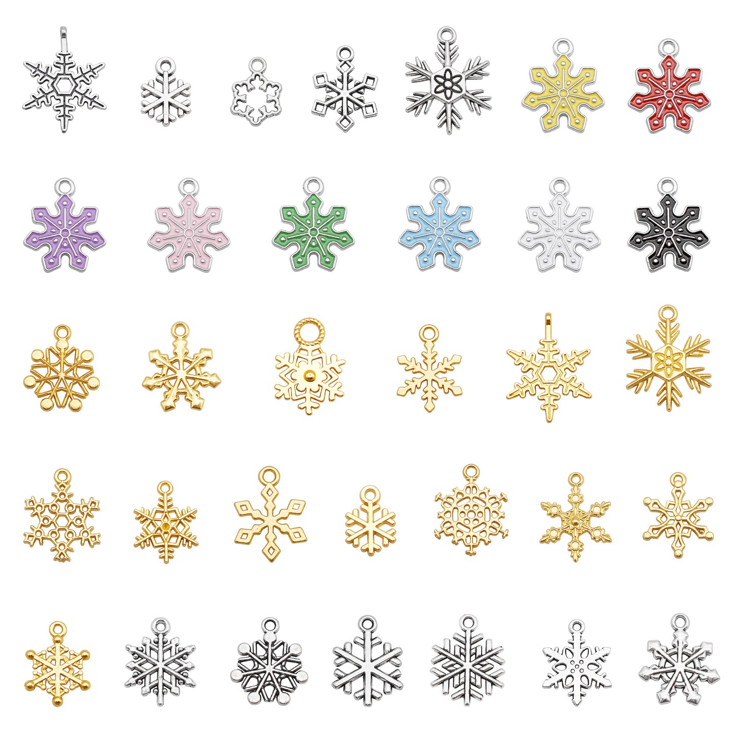 50g of Snowflake Charm Set for Jewelry Making - Gold & Retro Silver Christmas Pendants for Necklace Bracelet Earrings DIY, Enamel Decor Crafts