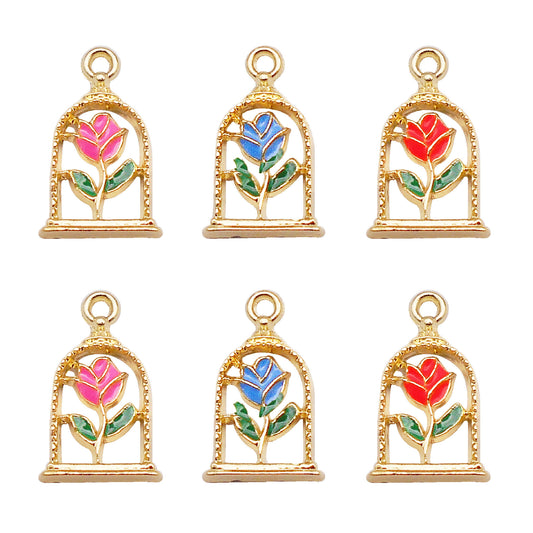 6Pcs Alloy Frame Enamel Rose Charm 11x18mm Flower Pendant for Jewelry Necklace Bracelet Earrings Making DIY Craft Supplies Key Chain Dangle Decor