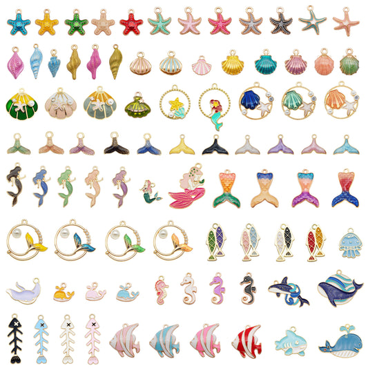 50Pcs Mixed Enamel Marine Life Charm Alloy Conch Starfish Fish Pendant DIY Jewelry Accessory for Necklace Bracelet Earring Making Craft Supplies Keychain Dangle Decor