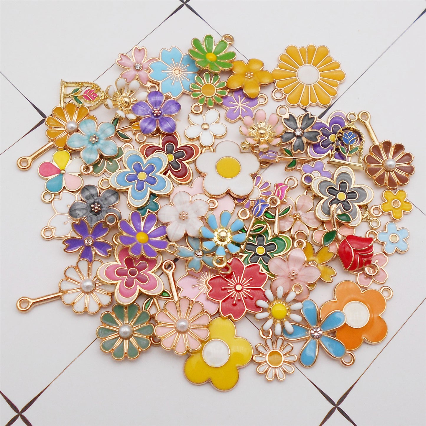 Bulk of Mixed Alloy Flower Charm 65 Styles Enamel Floral Pendant for Jewelry Necklace Bracelet Earrings Making DIY Crafts Keychain Bag Purse Hanging Dangle Decor