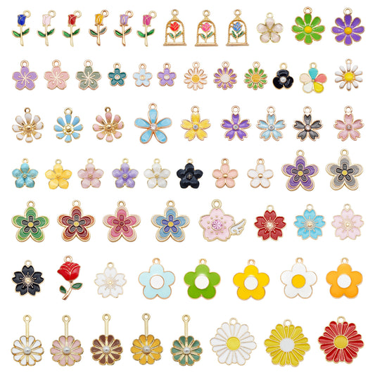 Bulk of Mixed Alloy Flower Charm 65 Styles Enamel Floral Pendant for Jewelry Necklace Bracelet Earrings Making DIY Crafts Keychain Bag Purse Hanging Dangle Decor