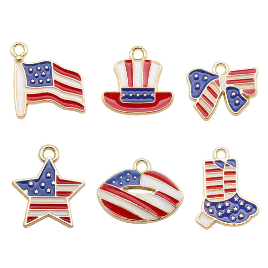 6Pcs American Flag Pattern Charm Gold Bezel Star Hat Design Alloy Pendant for Jewelry Necklace Earrings Making DIY Crafts Decor