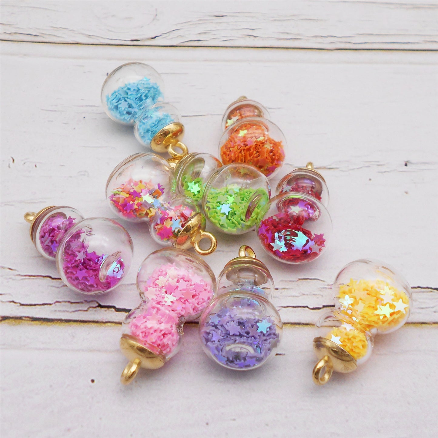 10Pcs Glass Gourd-Shaped Charm with Star Glitters Transparent Double-Circle Pendant for DIY Jewelry Making Necklace Bracelet Earring Craft Decor 28x16mm