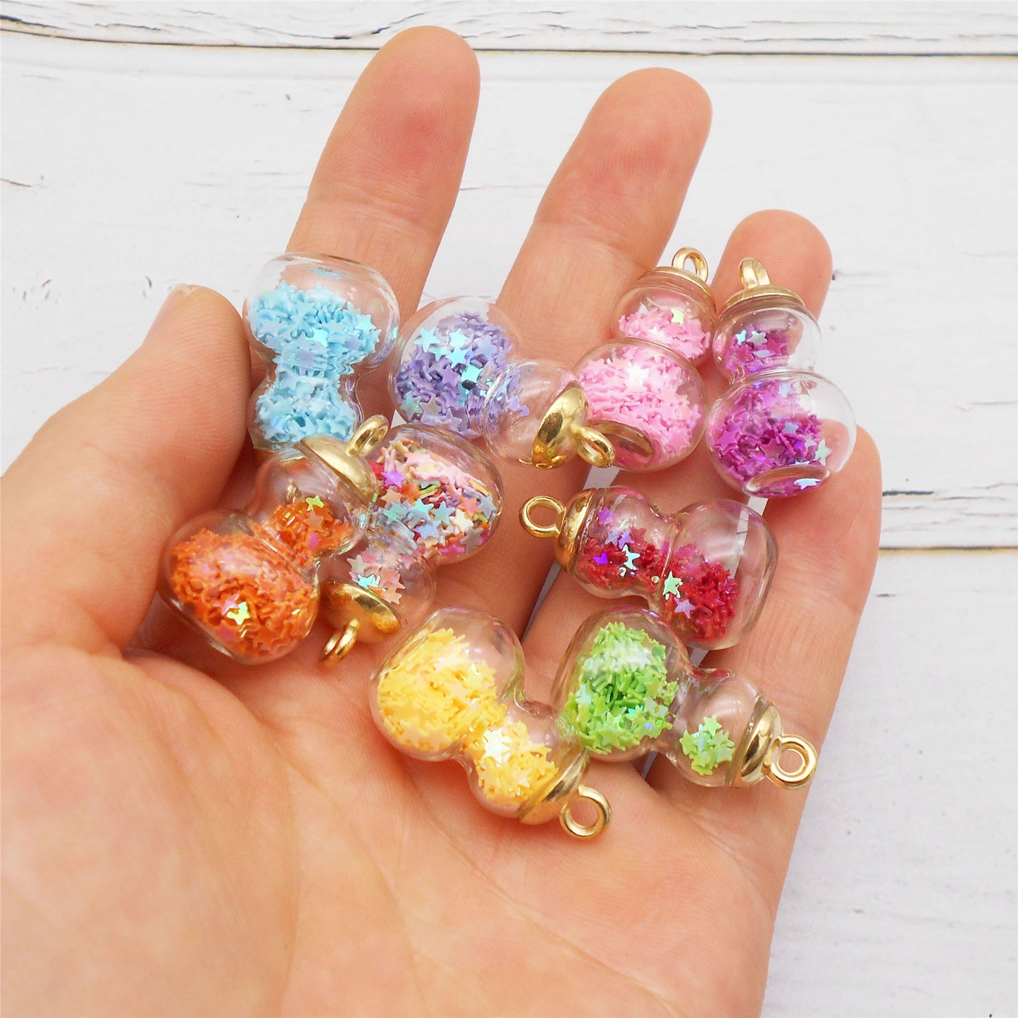 10Pcs Glass Gourd-Shaped Charm with Star Glitters Transparent Double-Circle Pendant for DIY Jewelry Making Necklace Bracelet Earring Craft Decor 28x16mm