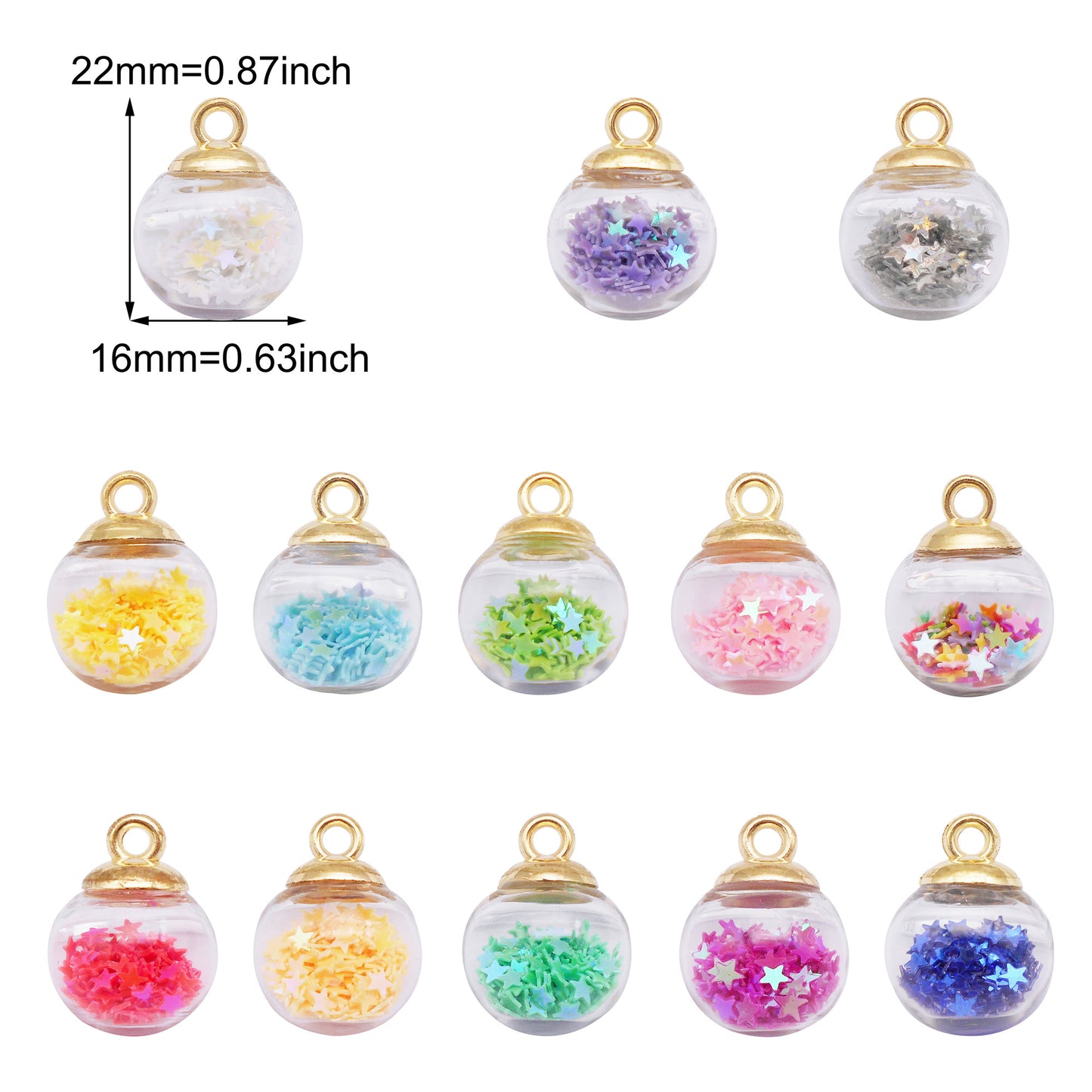 10Pcs Transparent Crystal Glass Ball Charm with Glitter Star for Necklace Bracelet Pendant Making DIY Crafts Supplies Phone Chain Decor 22x16mm
