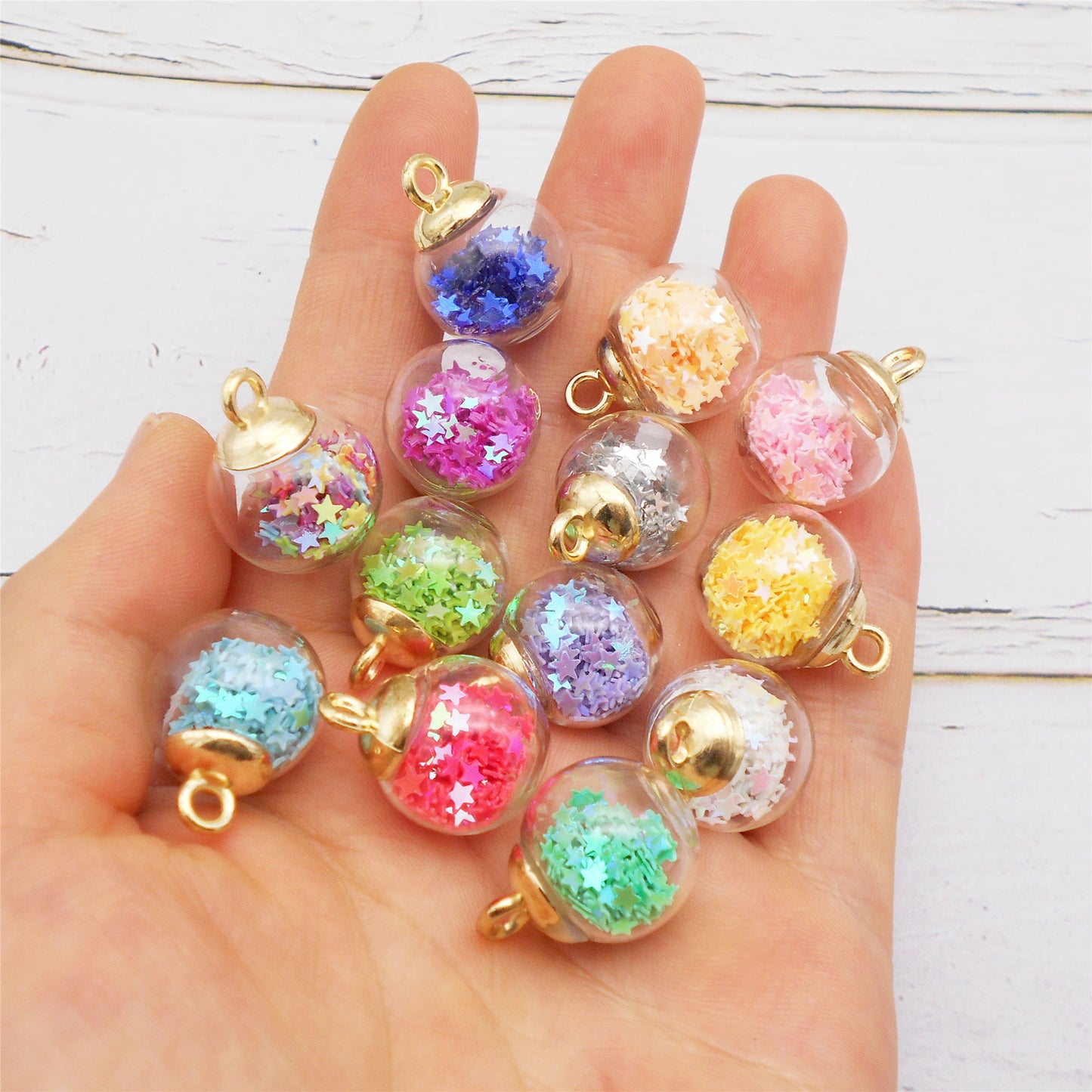 10Pcs Transparent Crystal Glass Ball Charm with Glitter Star for Necklace Bracelet Pendant Making DIY Crafts Supplies Phone Chain Decor 22x16mm