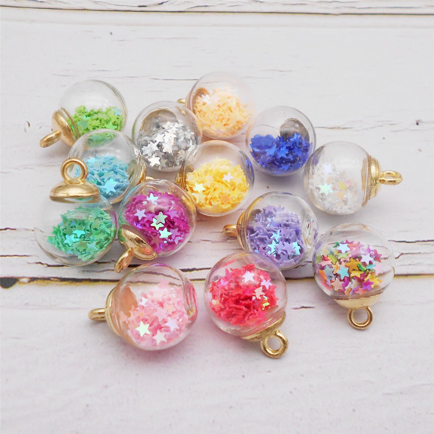 10Pcs Transparent Crystal Glass Ball Charm with Glitter Star for Necklace Bracelet Pendant Making DIY Crafts Supplies Phone Chain Decor 22x16mm