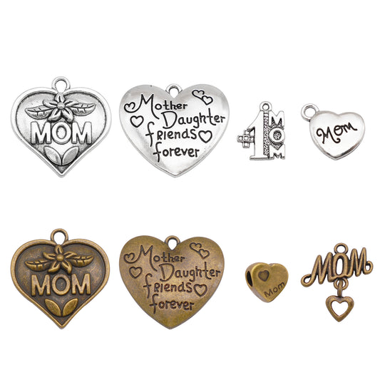 8Pcs Metal Heart Charm with Mom Letter Decor, Mother's Day Pendant for Jewelry Necklace Earrings Making DIY Crafts Supplies Keychain Dangle Decor