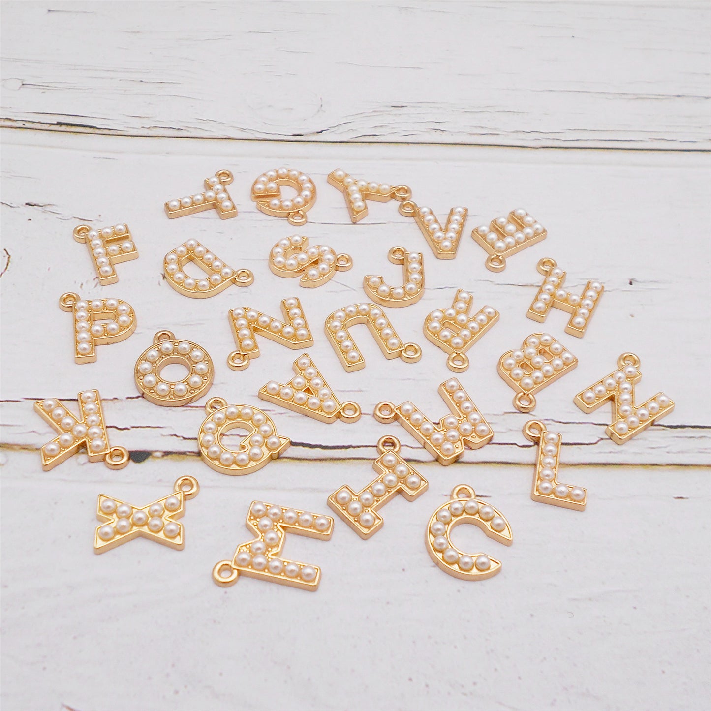 10Pcs Alloy Bezel A-Z Letter Charm Faux Pearl Embellished Gold Color Pendant DIY Jewelry Dangle for Necklace Ankle Bracelet Making