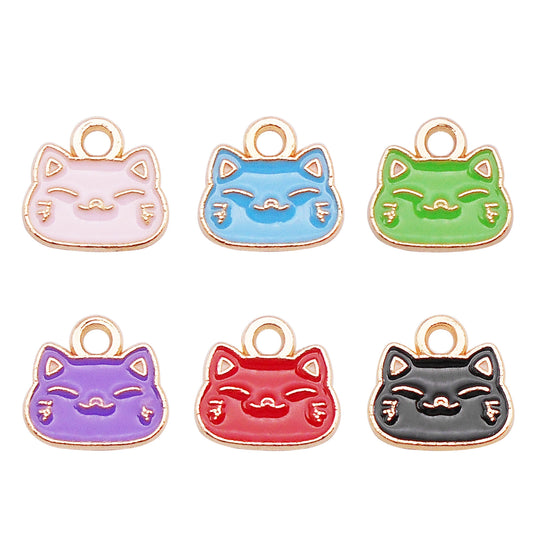 12pcs Cartoon Cat Head Charm 10x10mm Enamel Alloy Pendant for Jewelry Necklace Bracelet Earrings Making DIY Crafts Key Chain Decor