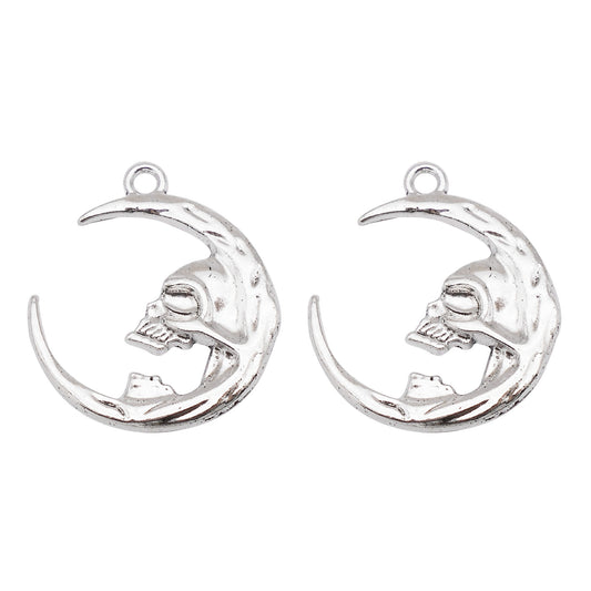 10Pcs Vintage Silver Color Skull Moon Charm 27x24mm Gothic Halloween Pendant for Jewelry Earrings Making DIY Crafts Decor