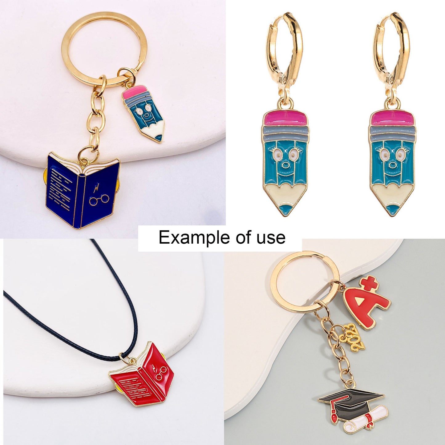 6Pcs Enamel Study Series Charm Alloy Pencil Book Doctoral Cap Design Pendant Graduation Gifts Jewelry Necklace Bracelet Making Accessory DIY Crafts Decor