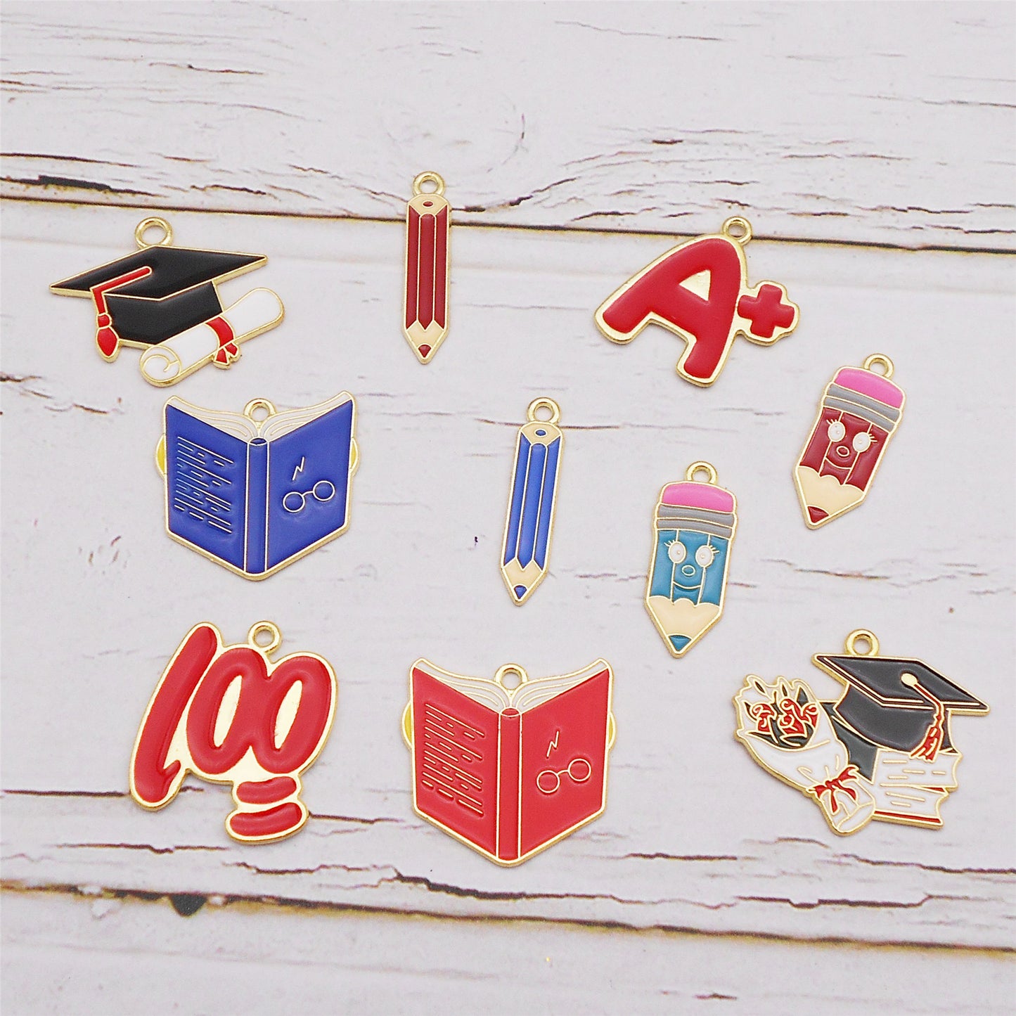 6Pcs Enamel Study Series Charm Alloy Pencil Book Doctoral Cap Design Pendant Graduation Gifts Jewelry Necklace Bracelet Making Accessory DIY Crafts Decor
