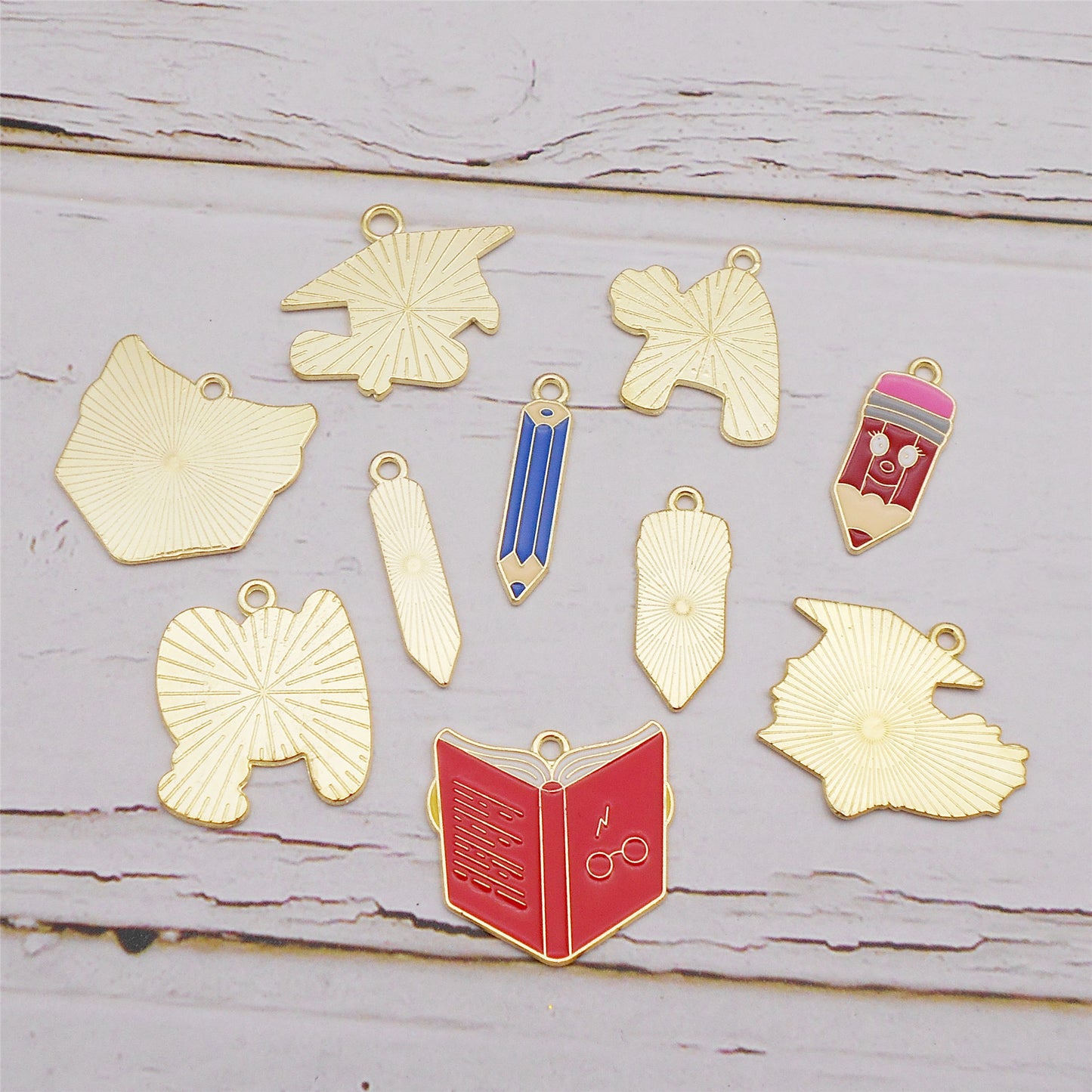 6Pcs Enamel Study Series Charm Alloy Pencil Book Doctoral Cap Design Pendant Graduation Gifts Jewelry Necklace Bracelet Making Accessory DIY Crafts Decor